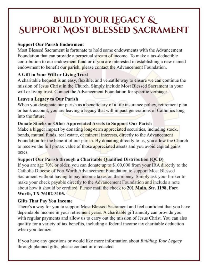 A single page flyer describes different ways to include the church in your will.