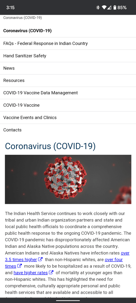 IHS coronavirus site mobile view