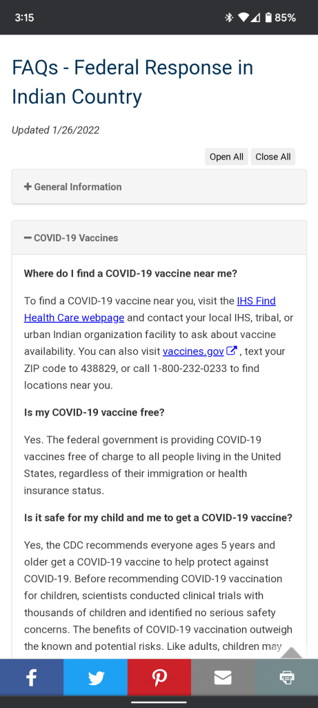 IHS coronavirus FAQ mobile view
