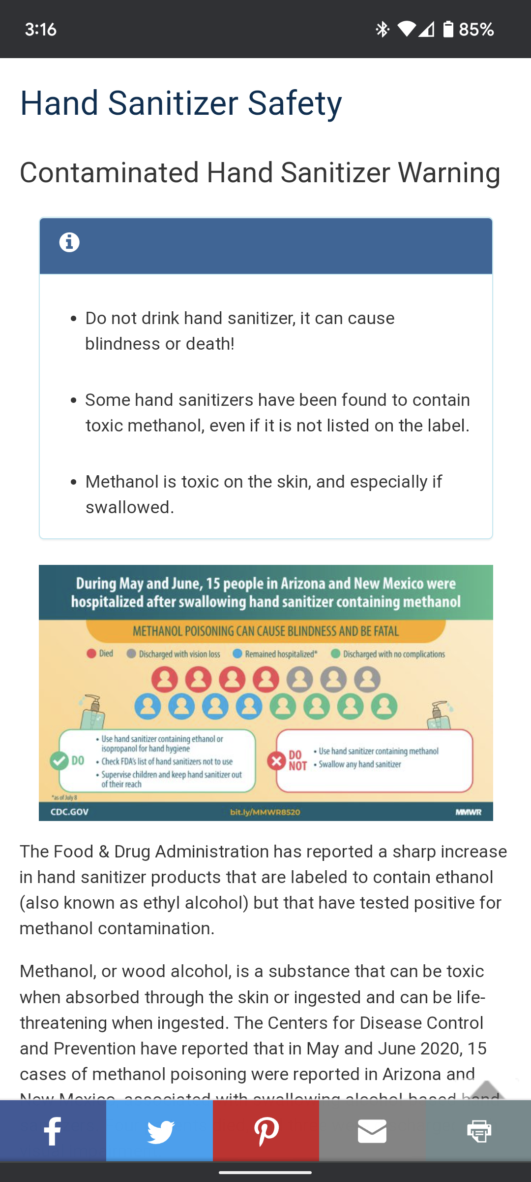 Hand Sanitizer Safety page on mobile