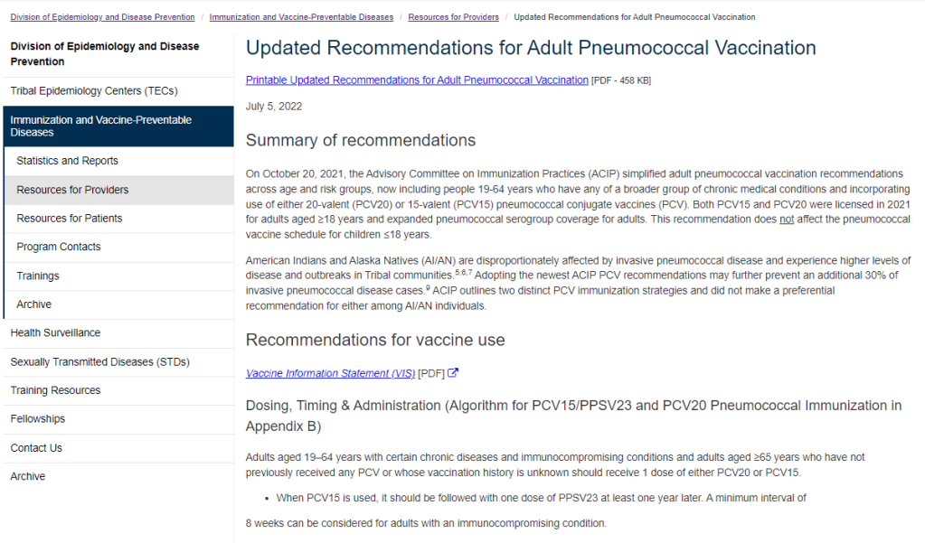 IHS epidemiology vaccine update webpage, which includes a PDF link at the top for printing