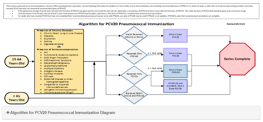 A flowchart image showing the vaccine algorithm. Below the image is a collapsible container that can be expanded to view a text-only version of the same algorithm.