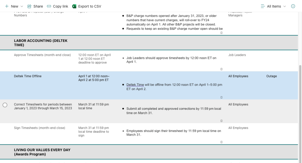 A closeup of the sharepoint list, showing section headers, individual list items, deadlines, target audiences, and highlights