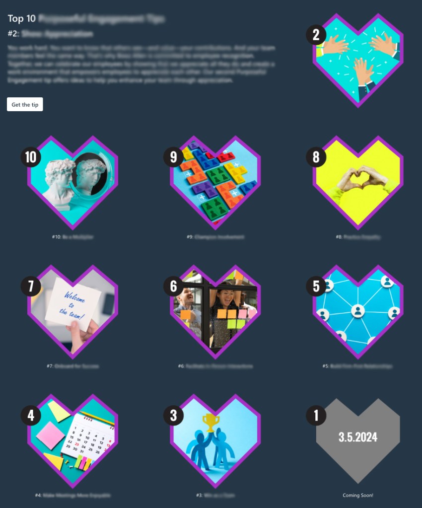 Webpage with 10 numbered geometric heart graphics below a paragraph of text and link to "get the tip"