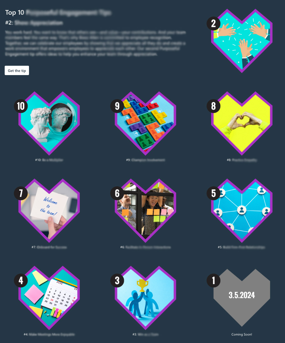 Webpage with 10 numbered geometric heart graphics below a paragraph of text and link to "get the tip"