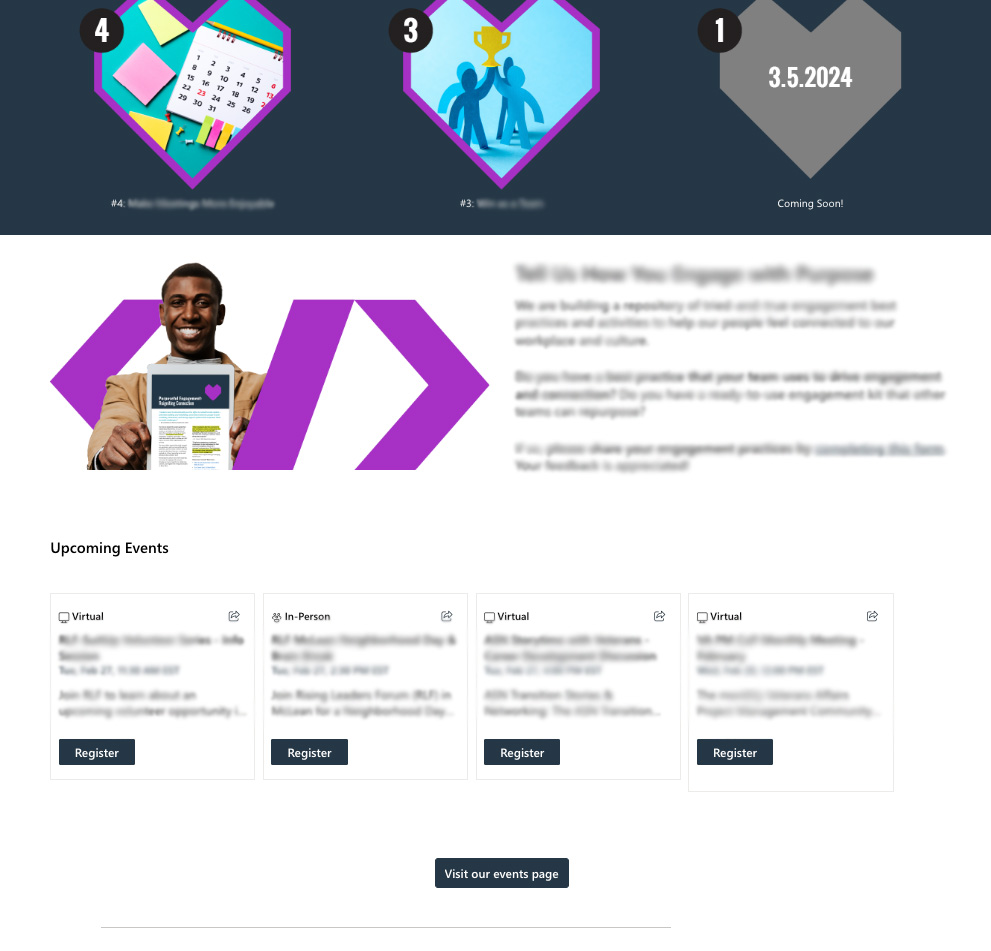 Webpage with tip links, a newsletter graphic, and upcoming events