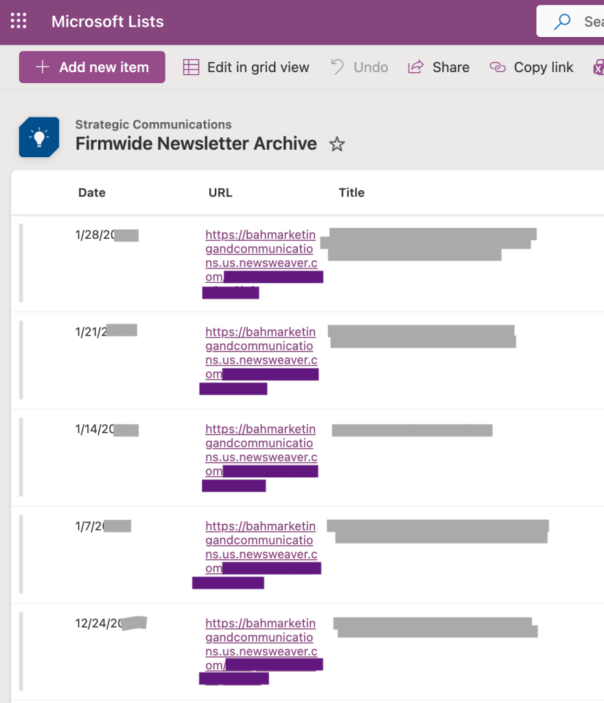 Microsoft List of links, newsletter subjects, and dates